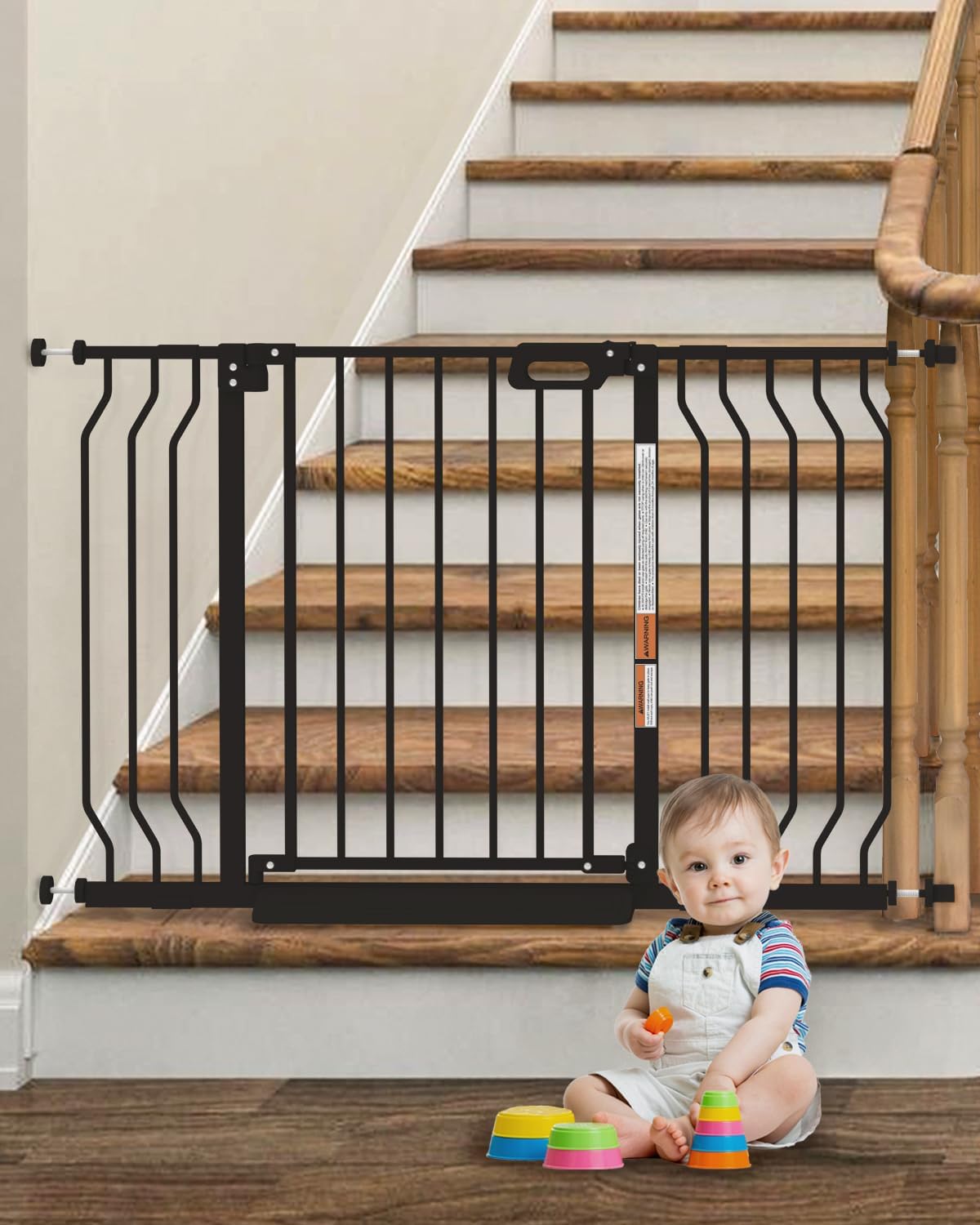 Mom's Choice-GROWNSY Baby Gate for Stairs, 30.5"-48.4" Pressure Mounted Baby Gate for Top of Stair&Doorway with Y-Spindle Rods, Anti-Trip Pedal, Wide Stairs Dog Gate Easy Install w/Red Reminder,Black Black 29"-48"*30"