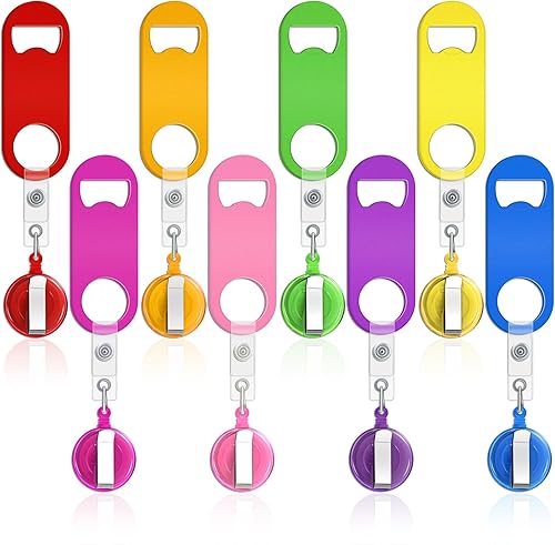 Honoson Abrebotellas retráctil, 8 piezas, abridor de cerveza plano con clips redondos para carrete de insignia, soporte para cocina, restaurante,