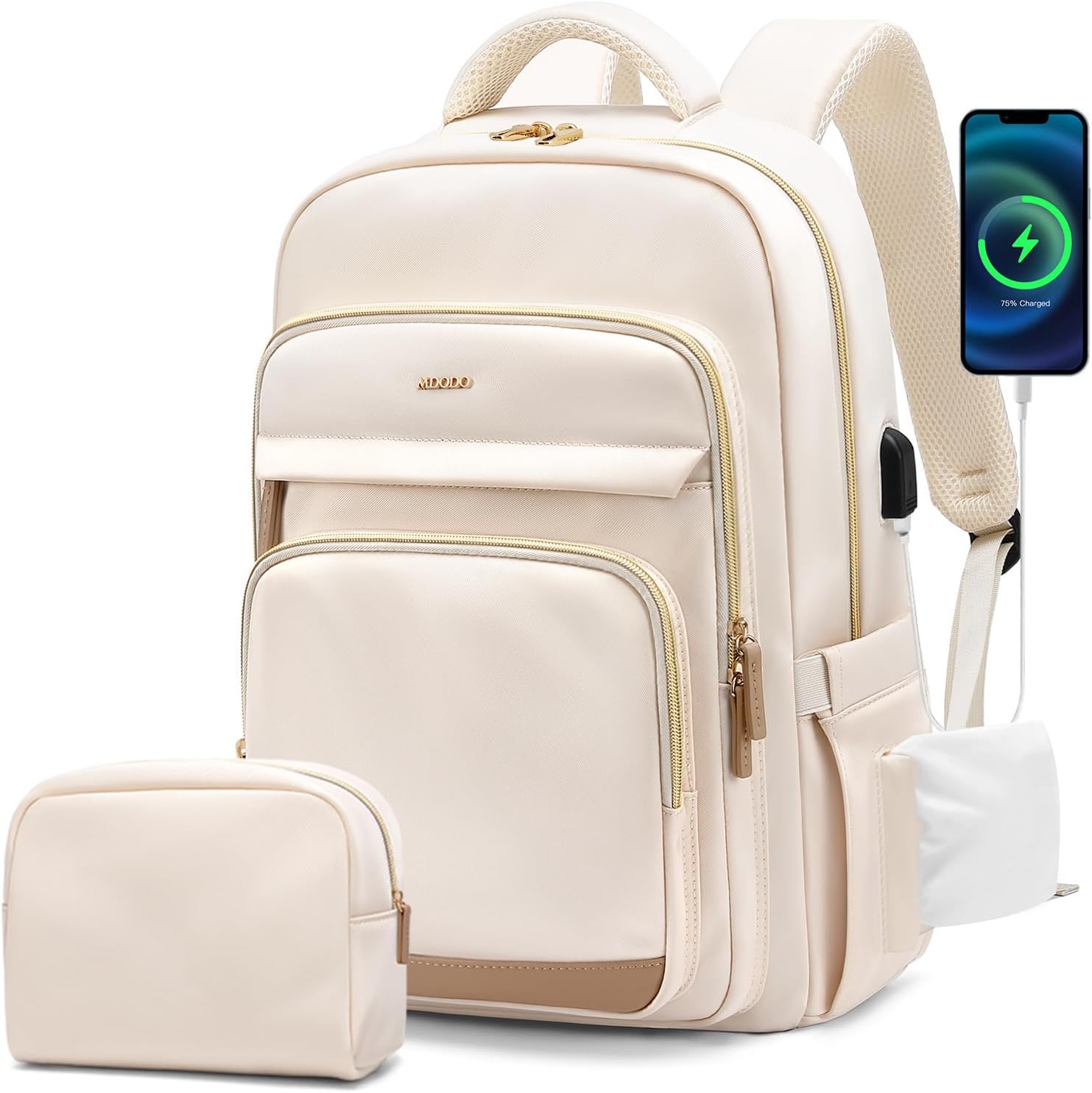 Laptop Backpack for Women,Travel Backpack with Laptop Compartment,Casual Daypack College Bookbag Computer Backpack for Work with Small Organizer Bag,Beige