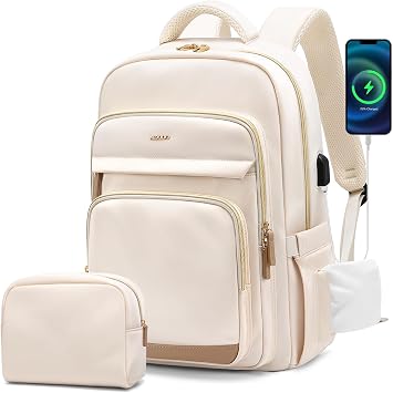 MDODO Laptop Backpack for Women,Travel Backpack with Laptop Compartment,Casual Daypack College Bookbag Computer Backpack for Work with Small Organizer Bag,Beige