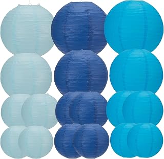 Paper Lanterns 18 PCS Round Hanging Paper Lanterns Decorations for Wedding Baby Shower Birthday Party Anniversary Decorations (Deep Blue/Sky Blue/Light Blue)