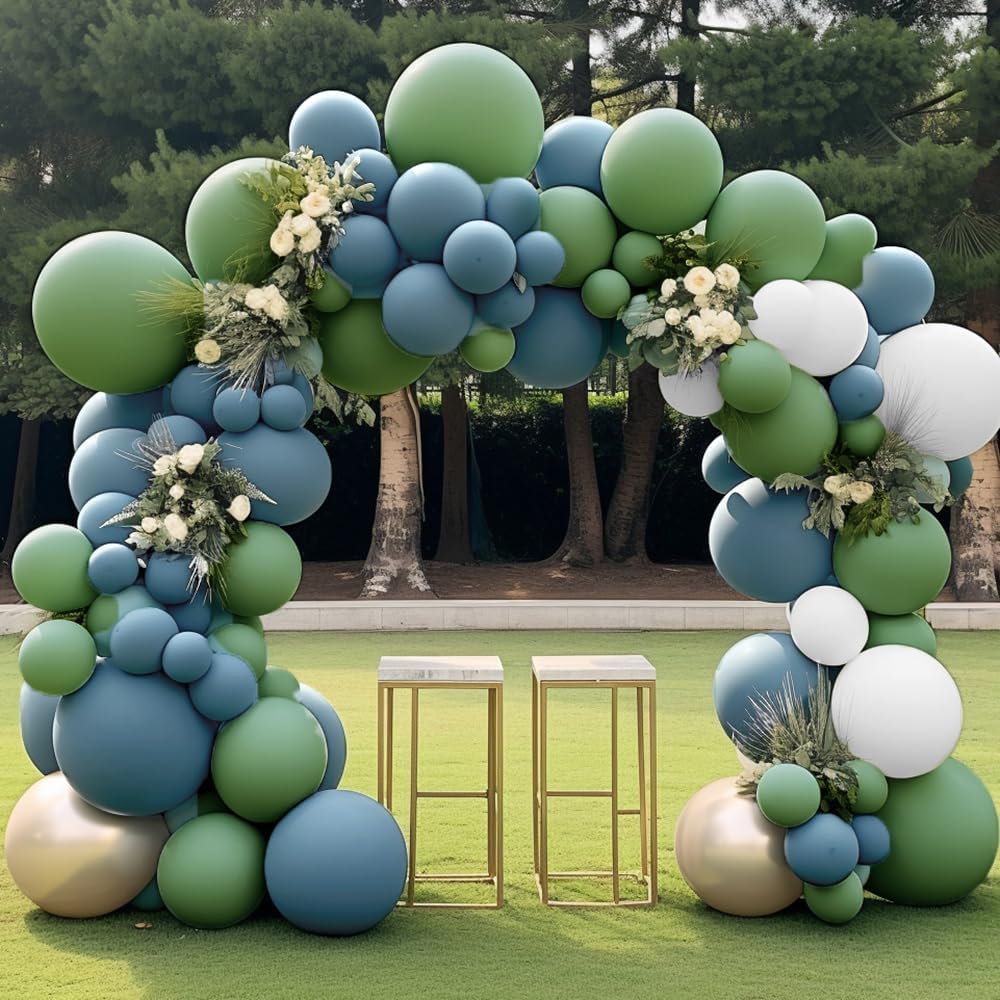 Blue Green White Balloon Garland Double Stuffed Dusty Blue Green Balloons Different Sizes 18In 12In 5In Matte Balloon Arch Kit For Baby Shower Gender Reveal Birthday Party Decorations