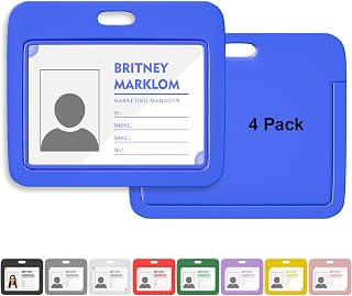 Horizontal Sliding ID Badge Holder with Clear Window Black ID Card Protector Pouch for Office School (Blue, 4 Pack)