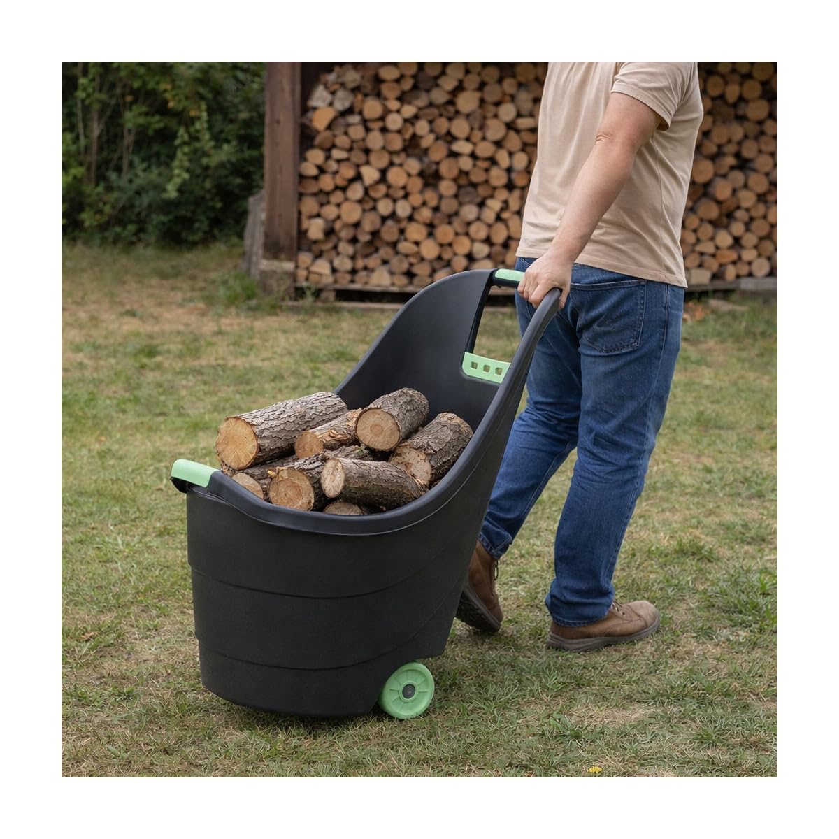 KZ GARDEN - Chariot de jardin 62L 2 roues - Transport Bois, Terreau, Plantes Trolley Plastique robuste recyclé Noir