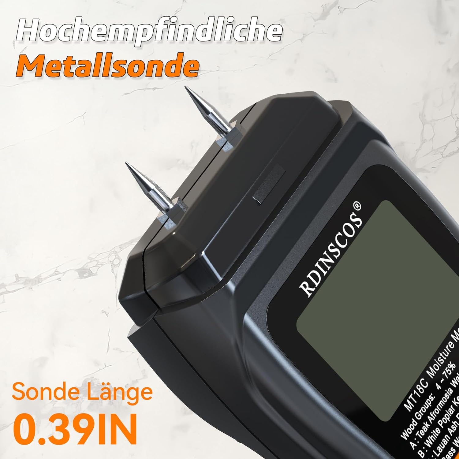 Close-up of the RDINSCOS MT18C1 moisture meter's two sharp metal pins.