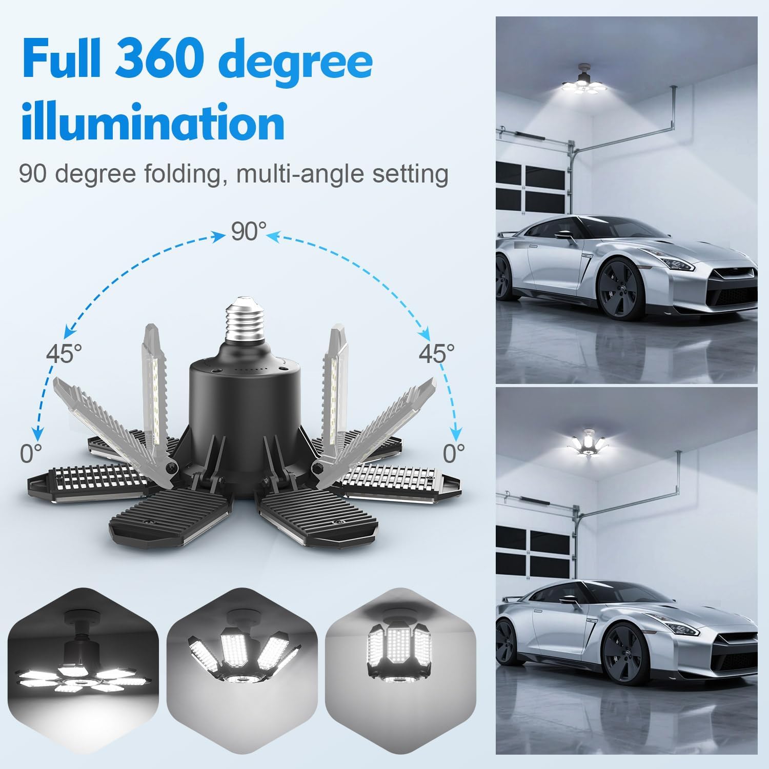 TANBABY 2 Pack LED Garage Lights, 250W Deformable Garage Light Bulb, Total 30000LM 6500K Daylight, 7+1 Adjustable Panels, E26/E27 Screw-in Ceiling Light for Basement