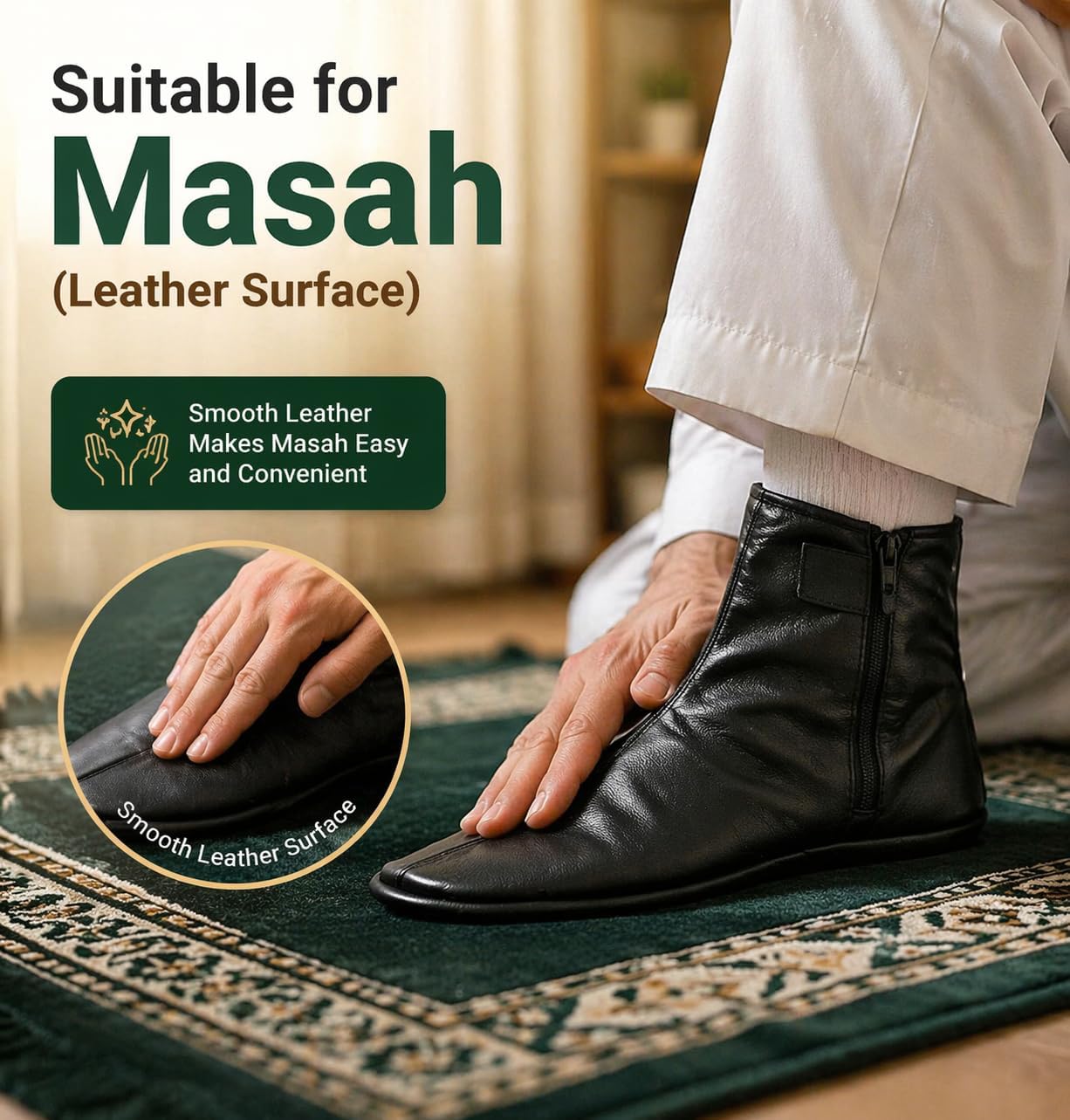 Premium Leather Slipper Socks for Men Women - Soft Fleece Lined Winter Indoor Slippers, Halal Sheepskin Leather Khuffs for Wudu Islamic Prayer, Warm Ankle House Booties with Zipper & Fastener image 5