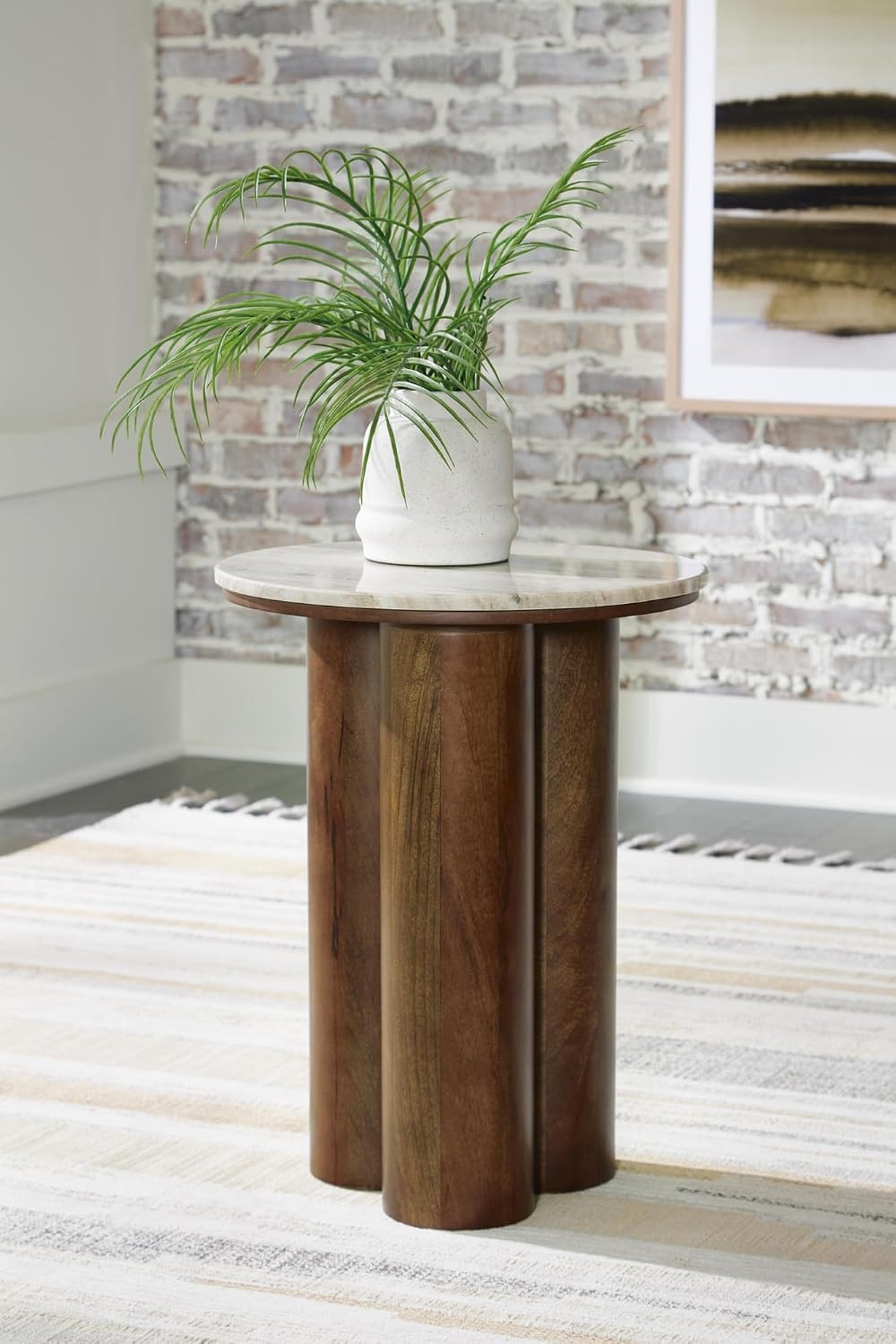 Signature Design by Ashley Accent Table, Warm Brown Wood Legs, Henfield | 0.87 in beige marble top, Warm brown pedestal base, No assembly required, Solid and engineered wood, Round end table