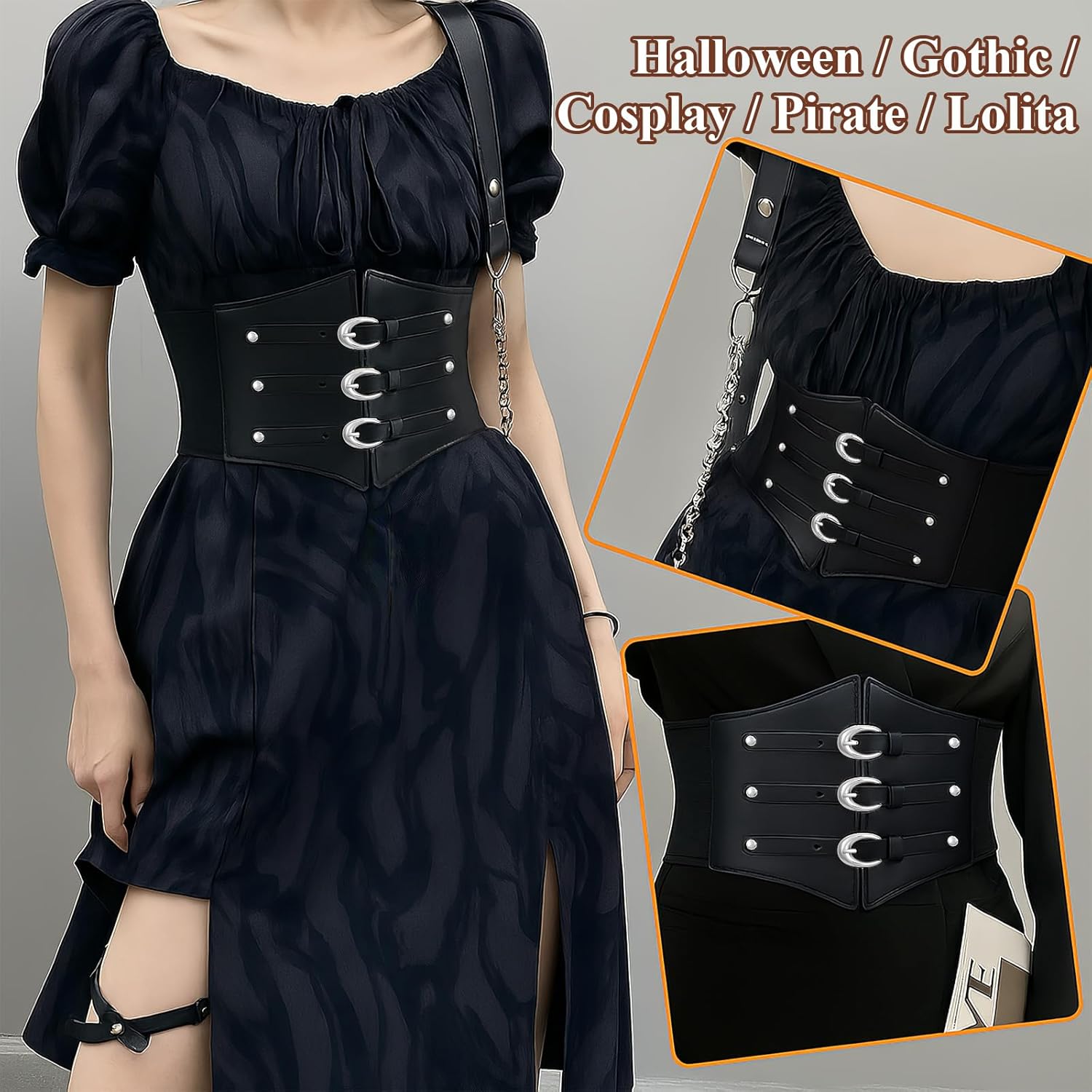 Women Corset Belt Wide Stretchy Waspie Elastic Waist Belt with Gold Buckle for Daily Cosplay Halloween Costume - Image 6