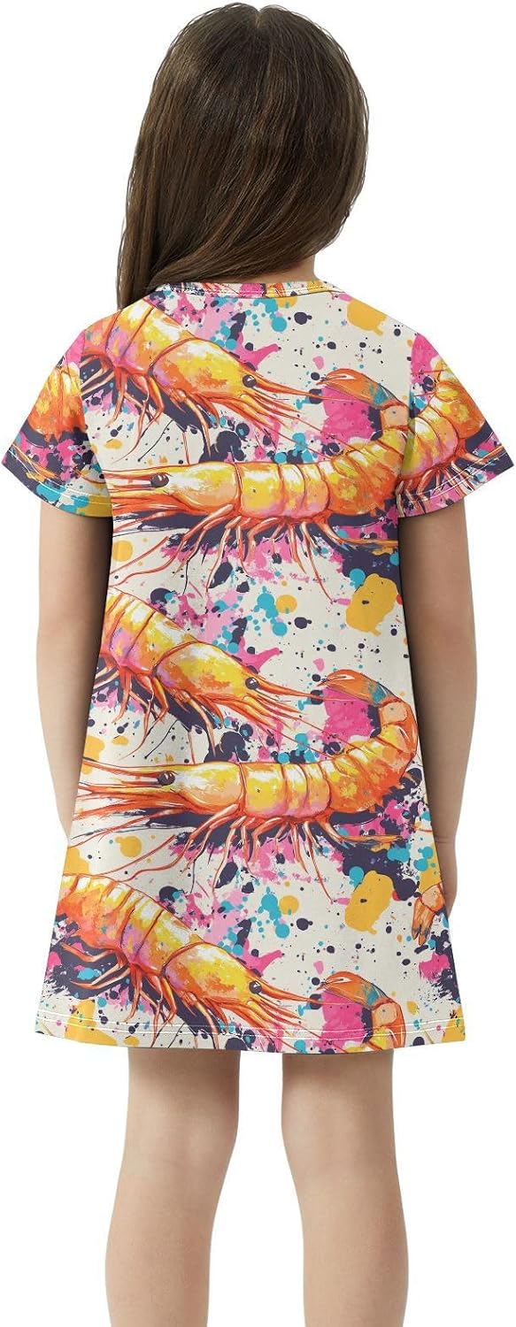 Shrimp Graffiti Girls Dresses Summer Dresses for Girls with Cotton Short Sleeves for Casual a Line Dress Size 2-8Y