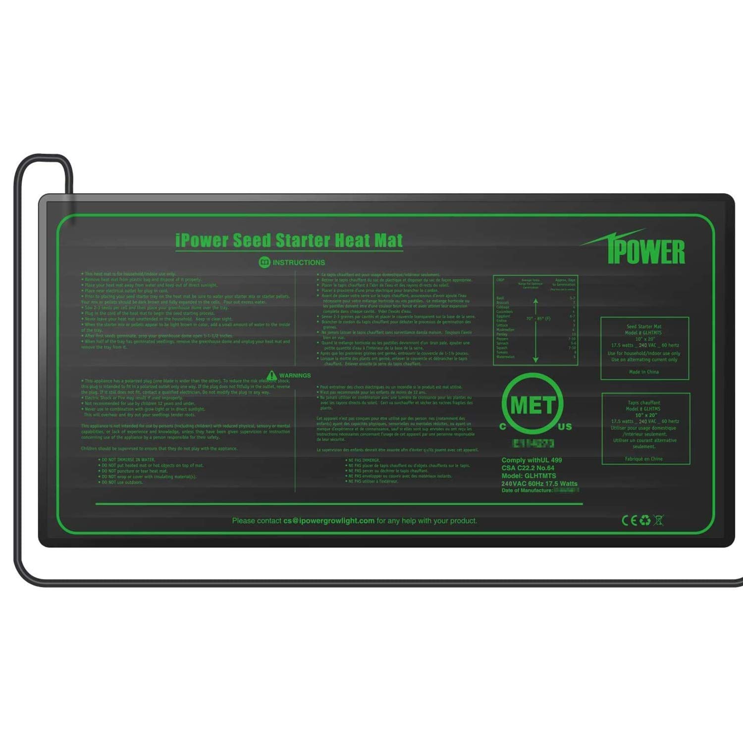 25 x 52cm Durable Waterproof Seedling Mat, Warm Hydroponic Heating Pad, Small, Black, Three-pin Plug (UK version)