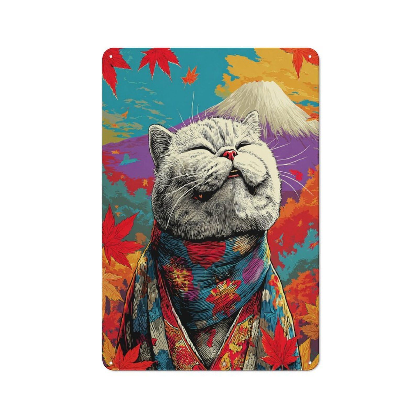 Junmoney Autumnal Cat In Traditional Attire Metal Wall Sign 30X20cm Featuring For Garage Or Workshop, For Vintage Wall Decor Fans, For Metal Sign Collectors