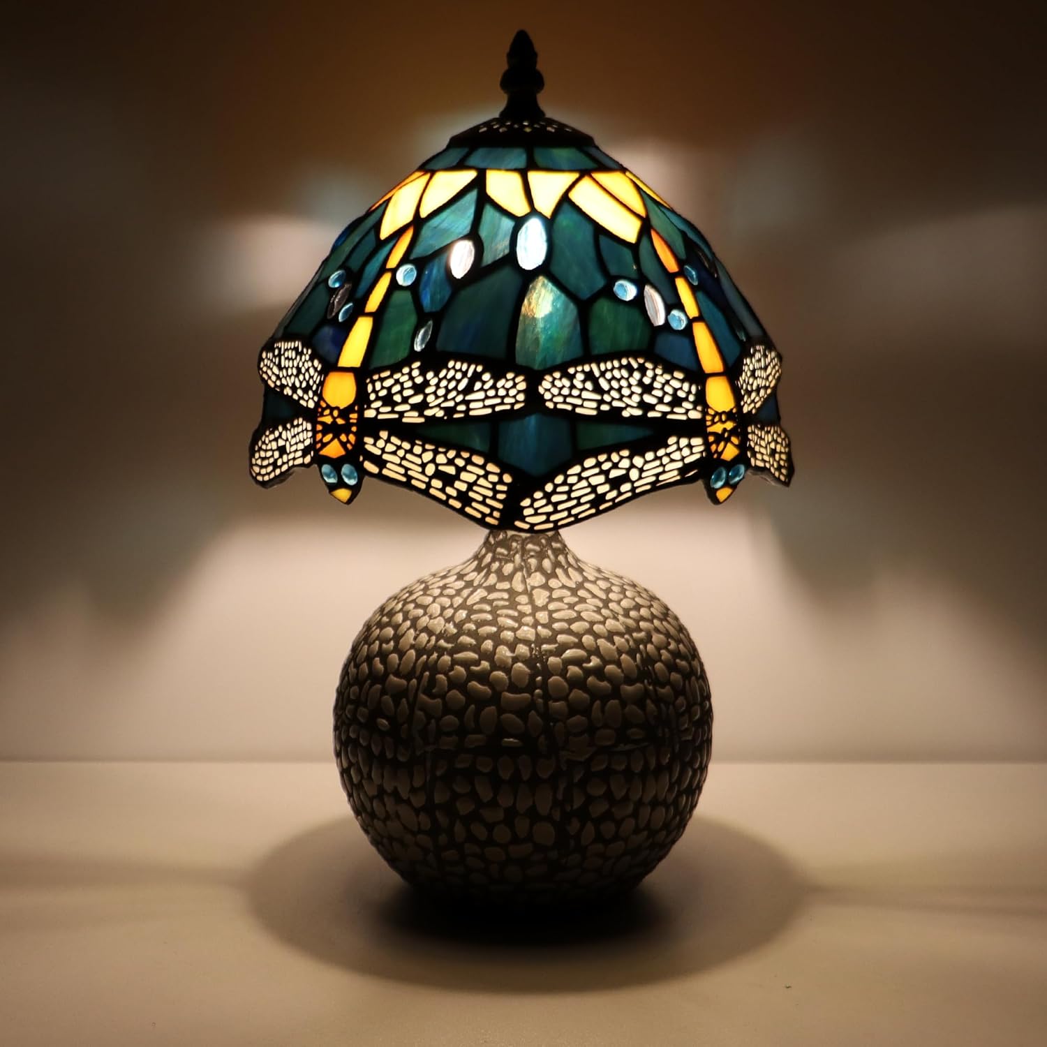 Small Tiffany Mushroom Table Lamp Stained Glass Desk Lamp Ceramic Base Antique Lamp 8X8X13.5 Inch（Yellow Dragonfly）