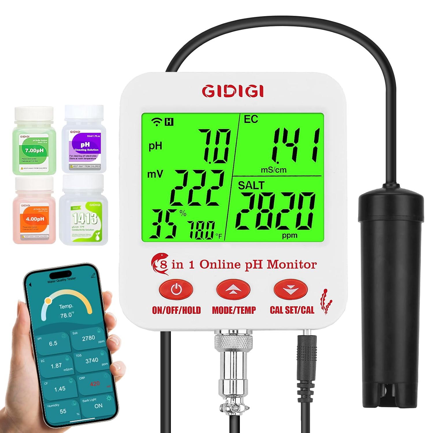 Digital pH EC Meter Smart Hydroponics pH Meter with WiFi for Real Time Large Screen with Multiple Parameters Displayed Simultaneously pH EC Monitor Salt Meter ORP Tester for Aquarium