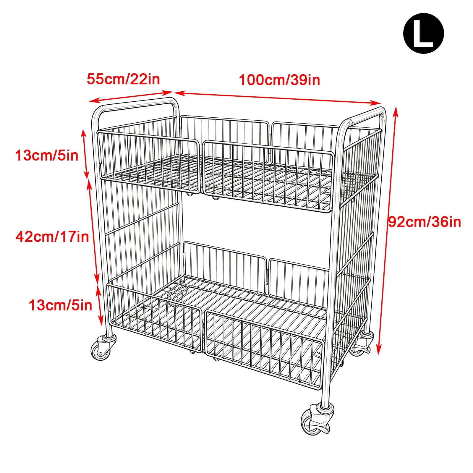 Carrello da Mercato, Tubi Rinforzati con Portata di 30 Kg, Carrello Alimentare Mobile Portatile, con Parapetti Rialzati, Design Aperto a Doppio Strato, per la Vendita All'aperto(Black,L)