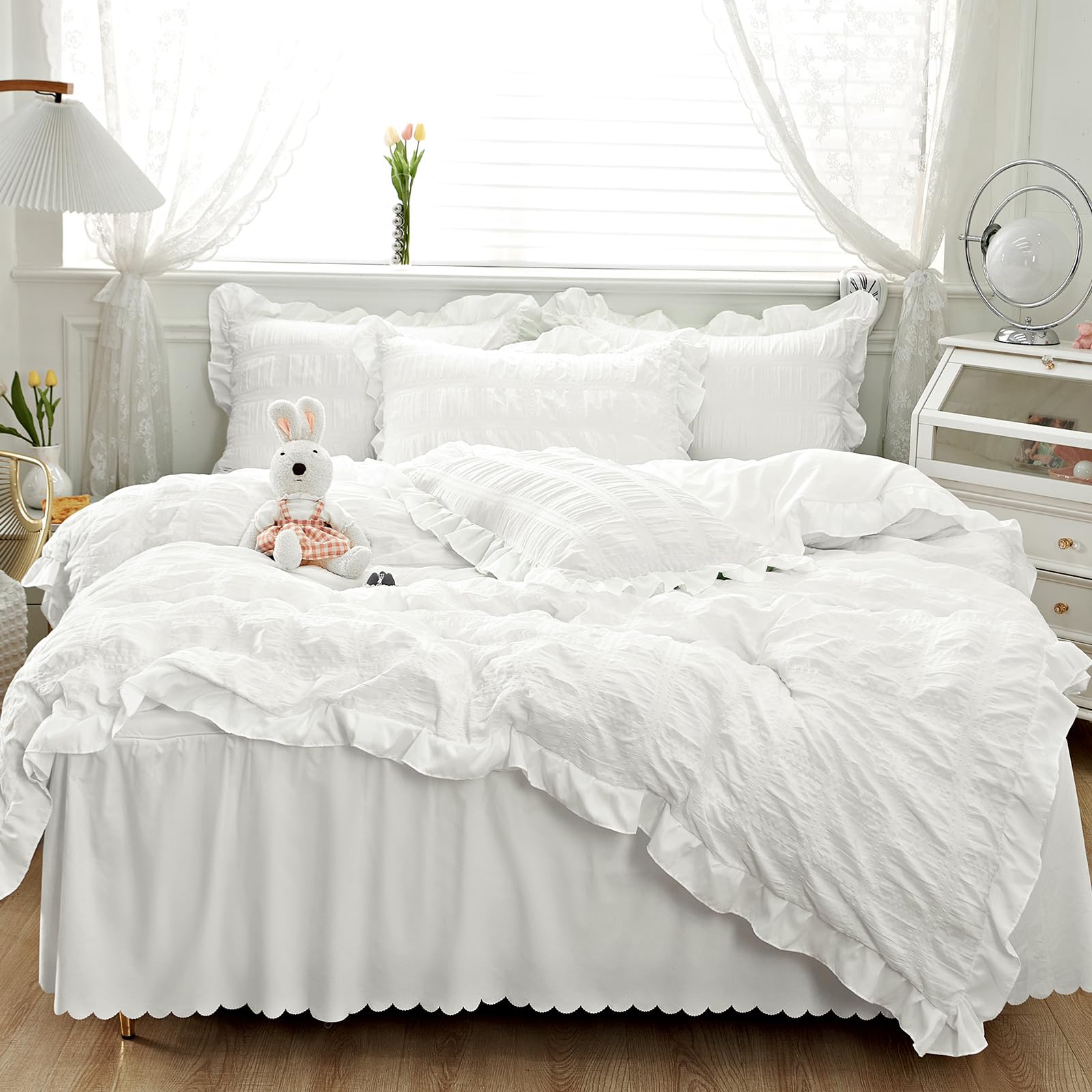 Fondream Seersucker Duvet Cover Set Double Size White Ruffled Trim Bedding Set Soft Microfiber, Wrinkle-Resistant Quilt Cover with 2 Pillowcases โ image 1