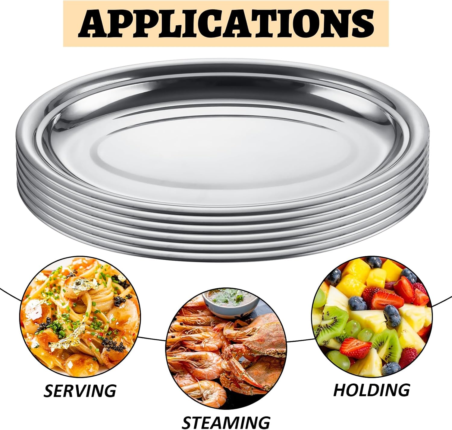 AKOLAFE 6PCS Large Serving Trays for Party Buffet Oval Serving Platter Set Stainless Steel Sizzle Platter Long & Deep Metal Sizzler Plates Decorative Silver Plates for Table Decor Food Sushi Appetizer