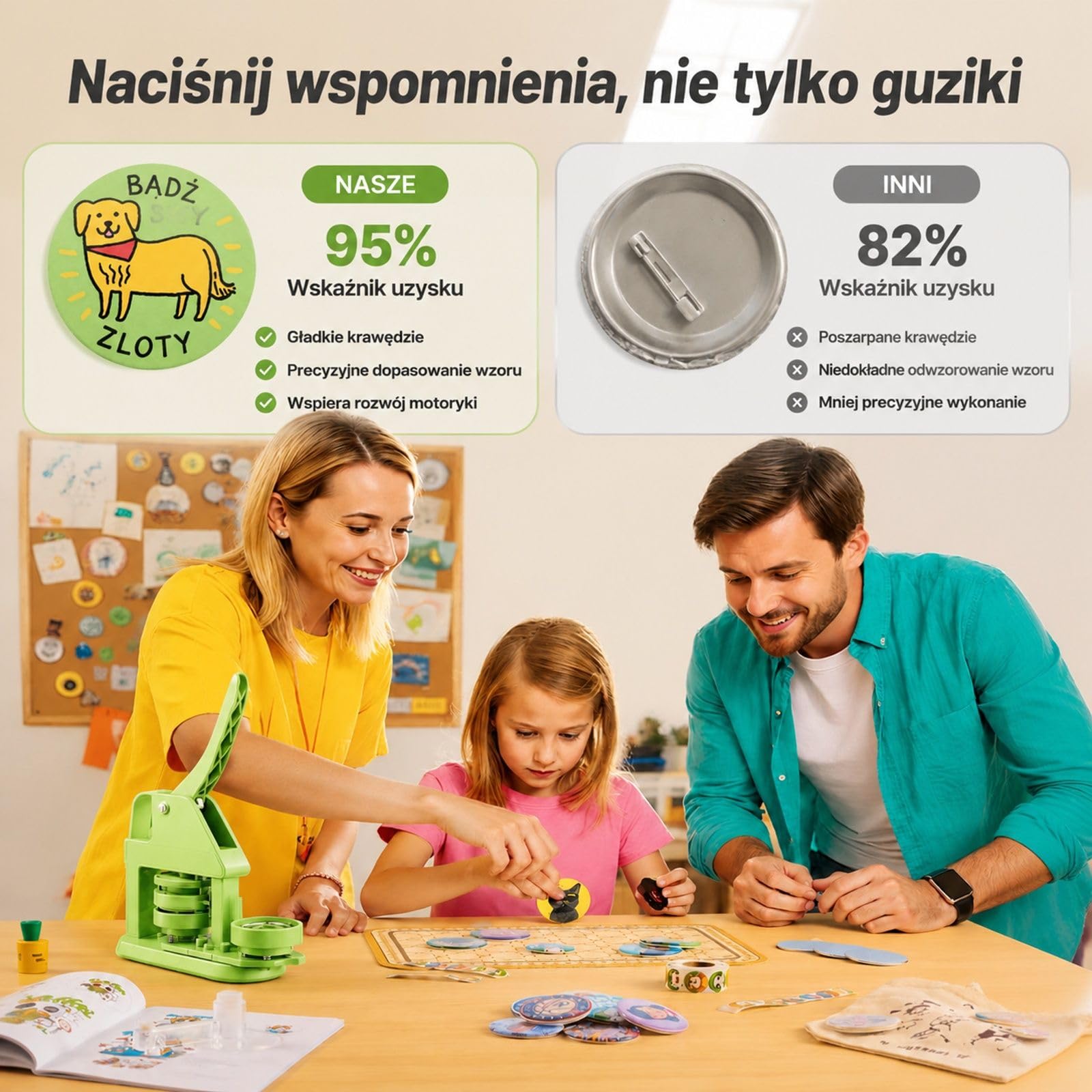 Maszyna do przypinek ze 100 elementami guzików, zielony zestaw ABS+PP do projektów DIY i personalizowanych wzorów