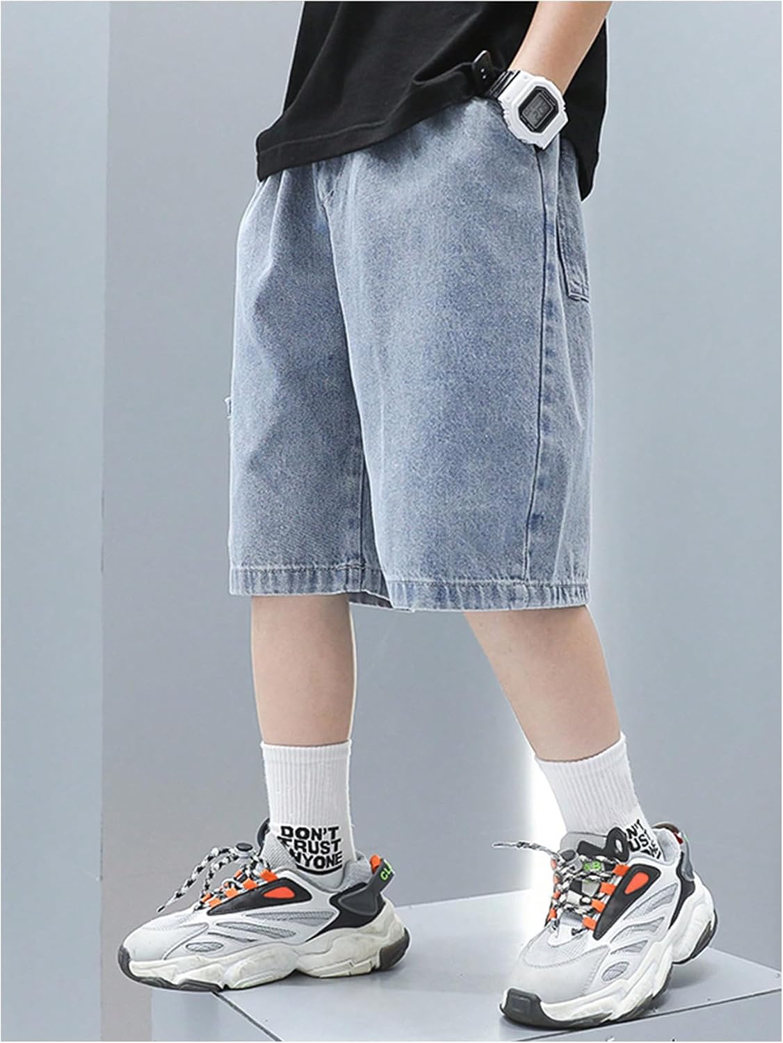 GORGLITTER Boy's Jean Shorts Elastic Waist Wide Leg Denim Shorts Casual Cool Cargo Jorts