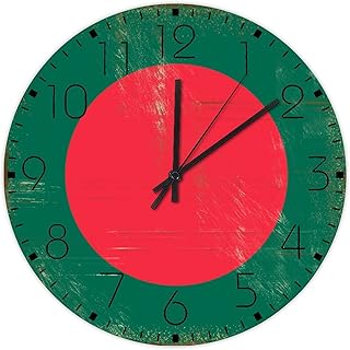 Wood Wall Clock Non-Ticking Sweep Movement Bangladesh Decorative Wall Clocks State Flag Travel Wooden Wall Decor for New Home Patio Gym 15 Inch