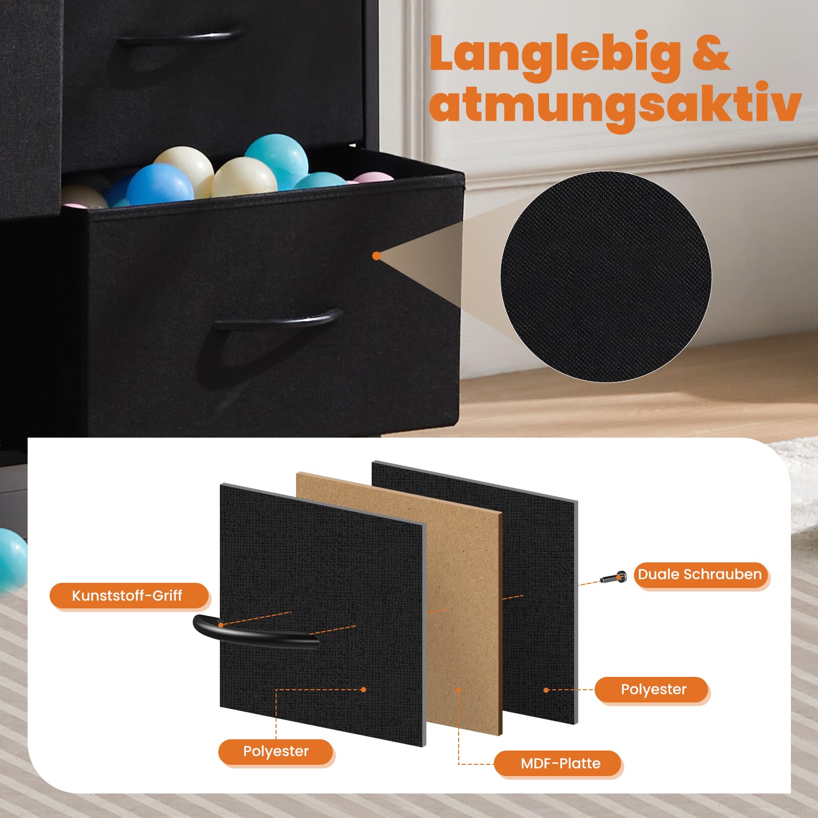 Sweetcrispy Commode avec tiroirs en Tissu - Buffet avec 9 tiroirs en Tissu - Meuble d'organisation pour Cuisine, Bureau, Couloir - Meuble TV avec tiroirs - Noir