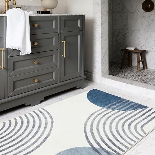 Miniatura 6 de Wonnitar Alfombra bohemia lavable de 3 x 5 pies para sala de estar, antideslizante, azul, para dormitorio, moderna abstracta de pelo bajo, pequeña