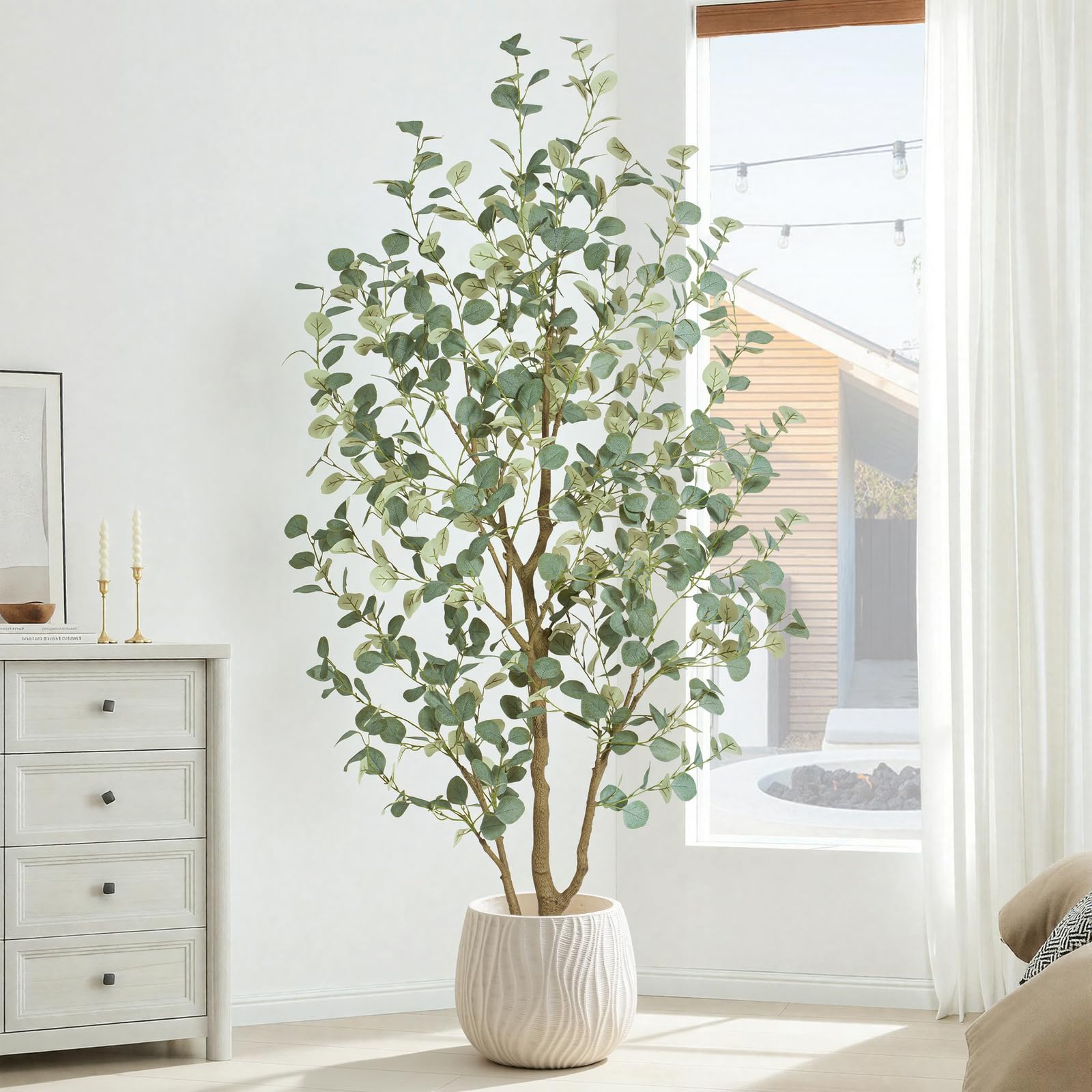Eukalyptus Baum künstlich 180cm, künstliche Pflanzen groß mit 636 Seidenblättern, Große Kunstpflanzen Wie echt-Kunstpflanzen Indoor für Wohnzimmer, Büro oder Schlafzimmer