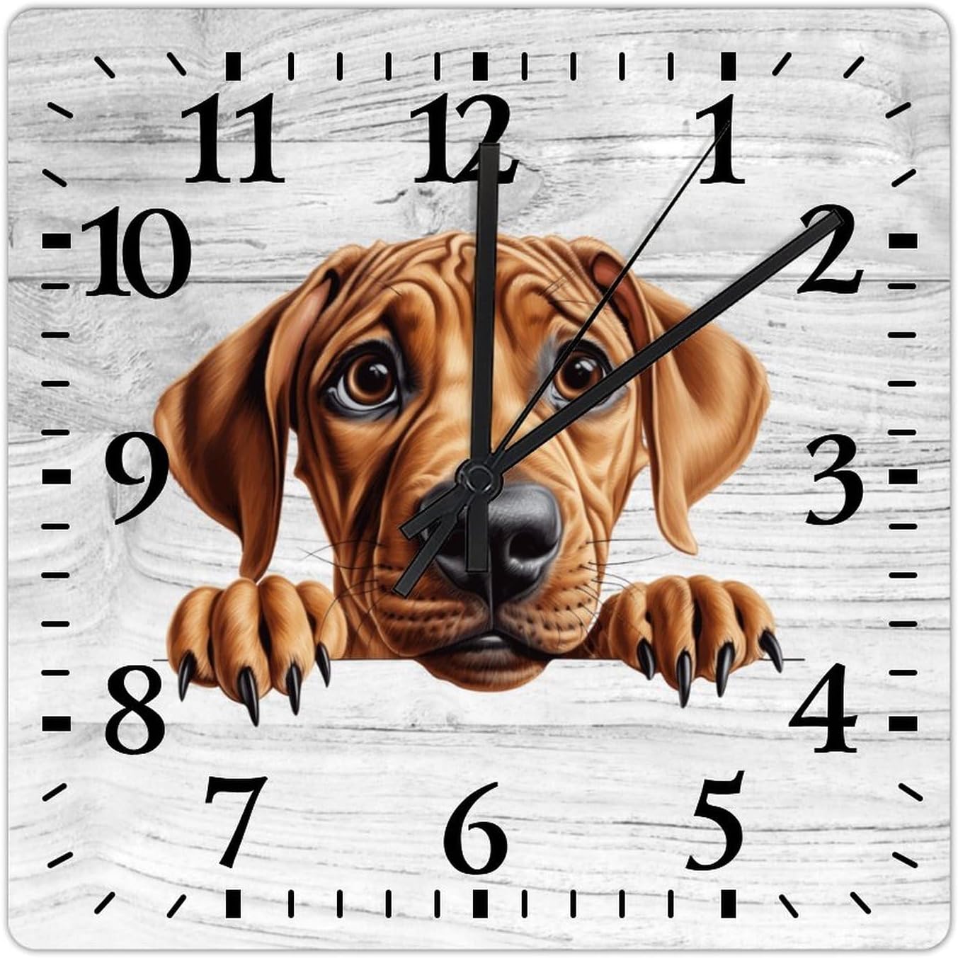 Pug Square Wall Clock Peeking Dog Clock Large Wall Clocks Battery Operated 15 Inch Non-Ticking Modern Home Decor for Kitchen Living Room Bedroom