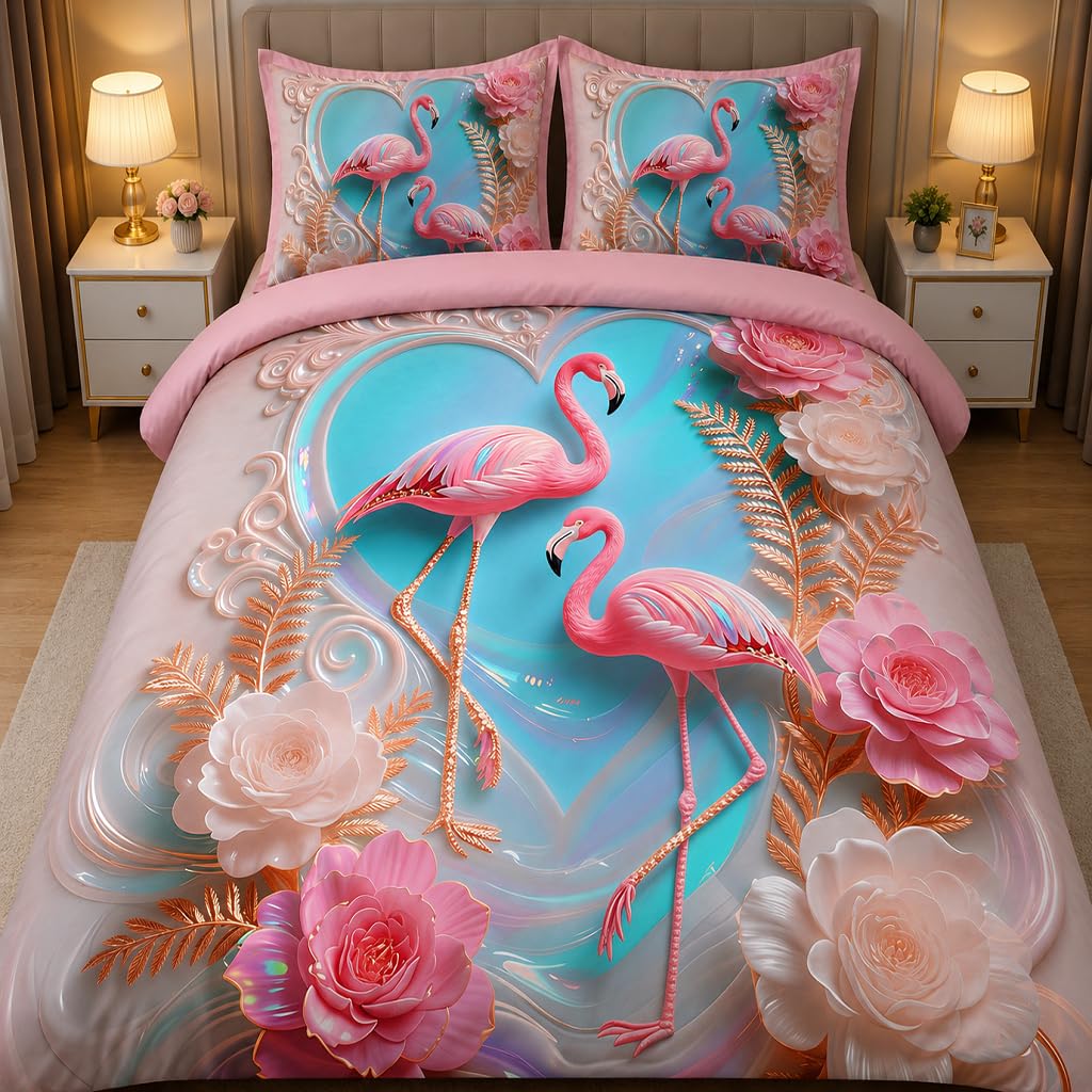 7D Digital Printed Double Bedsheet | Premium Cotton Bedsheet with 2 Pillow Covers, Flamingo Theme, Pink-image-42