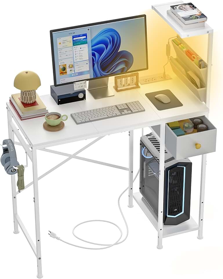 Jakyitvi 33.7" Computer Desk with Power Outlets, LED Lights &amp; Drawer, Small Office Desk with Storage Bag &amp; Hooks, Gaming Desk for Bedrooms or Home Office, Compact Study Desk for Small Spaces，White