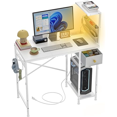 Jakyitvi 33.7" Computer Desk with Power Outlets, LED Lights & Drawer, Small Office Desk with Storage Bag & Hooks, Gaming Desk for Bedrooms or Home Office, Compact Study Desk for Small Spaces，White