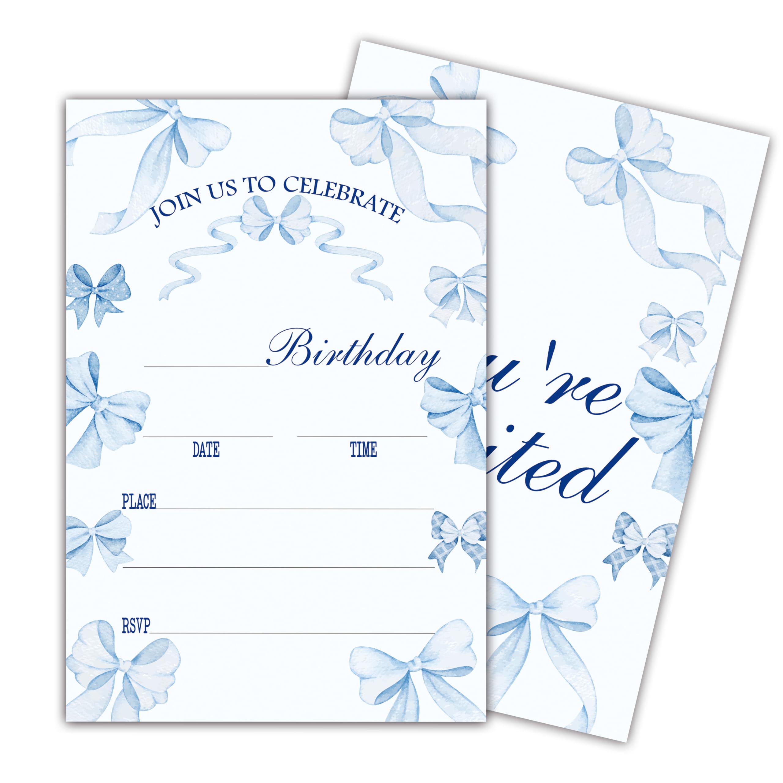 luixd Blue Bow Birthday Invitation Cards with Envelopes, 20 Pack 4x6 Fill-In Party Invites for Kids Girls Boys, Elegant Ribbon Birthday Party Supplies - B01