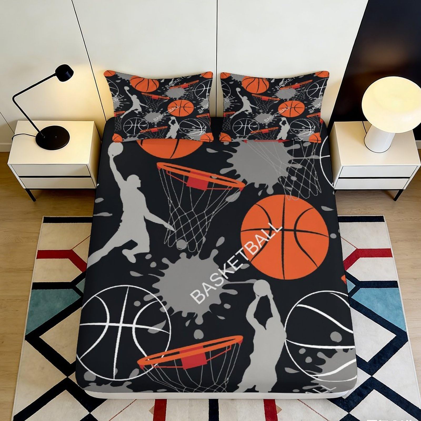 3D Printed Basketball Player Fitted Sheet Microfiber Black Orange Graffiti Mattress Cover for Bedroom Dorm Room Decor 90x200x25cm