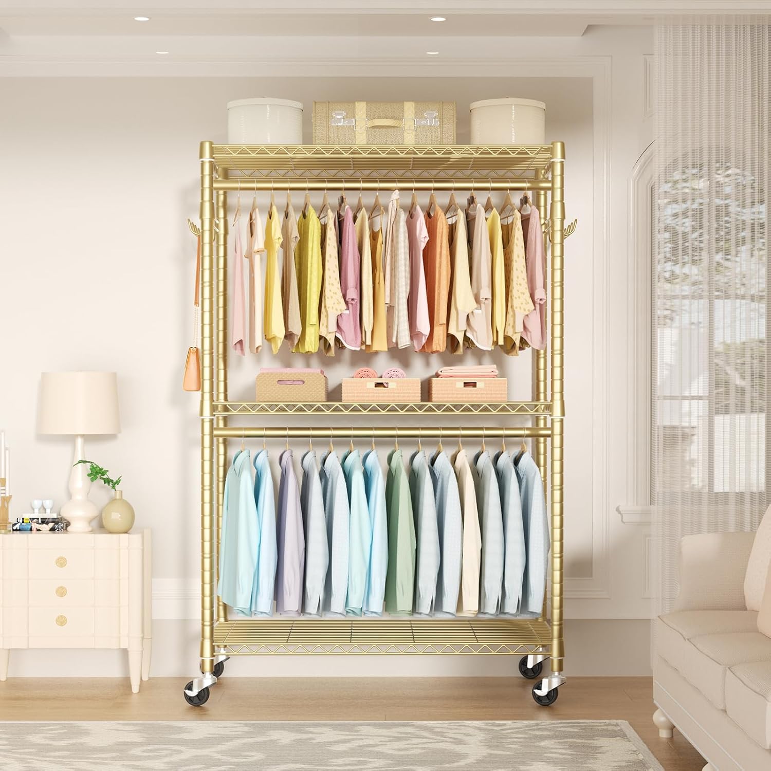 FUTASSI P1 Plus Rolling Clothes Rack, 22mm Diameter Heavy Duty Garment Rack with Wheels, Portable Closets with Shelves and Hanger Rods, 45" W x 17.7" D x 80.5" H, Load 524 LBS, Gold