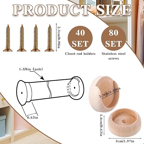 Miniatura 2 de Juego de 40 soportes de barra de armario de madera para armario, soporte de barra de armario con tornillos para armario, barra, armario, pasillo,