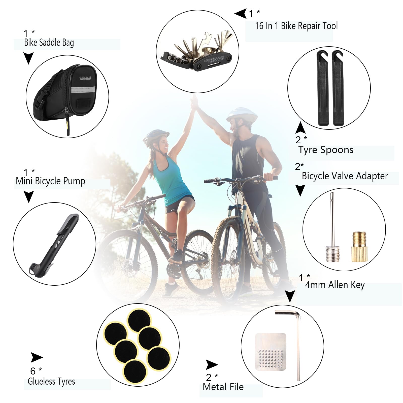Zestaw i narzędzia do naprawy toreb rowerowych - torba rowerowa i zestaw naprawczy narzędzi awaryjnych z wielofunkcyjnymi narzędziami do rowerów 16 w 1, pompa, demontażu opon, opony bezklejowe