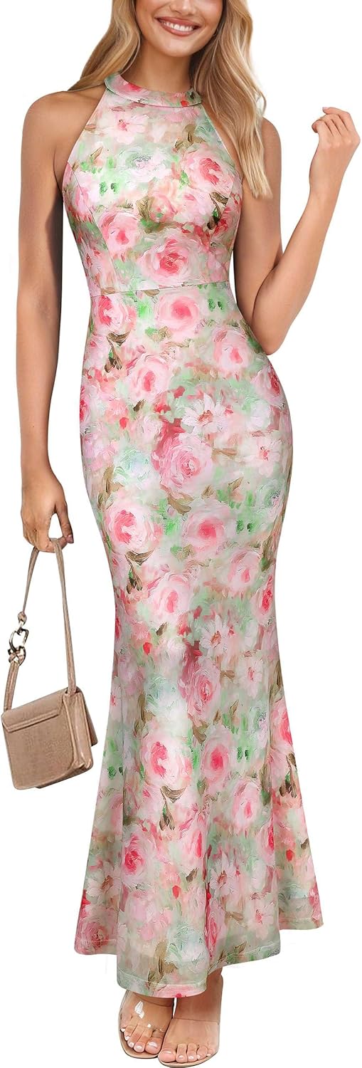 VFSHOW Womens Elegant Halter Neck Formal Bodycon Fitted Wedding Guest Long Cocktail Evening Mermaid Maxi Dress