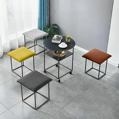 Miniatura 10 de Juego de 5 mesas de centro de otomanas anidadas, incluye 4 taburetes otomanos apilables, marco negro del escritorio con ruedas giratorias, ruedas