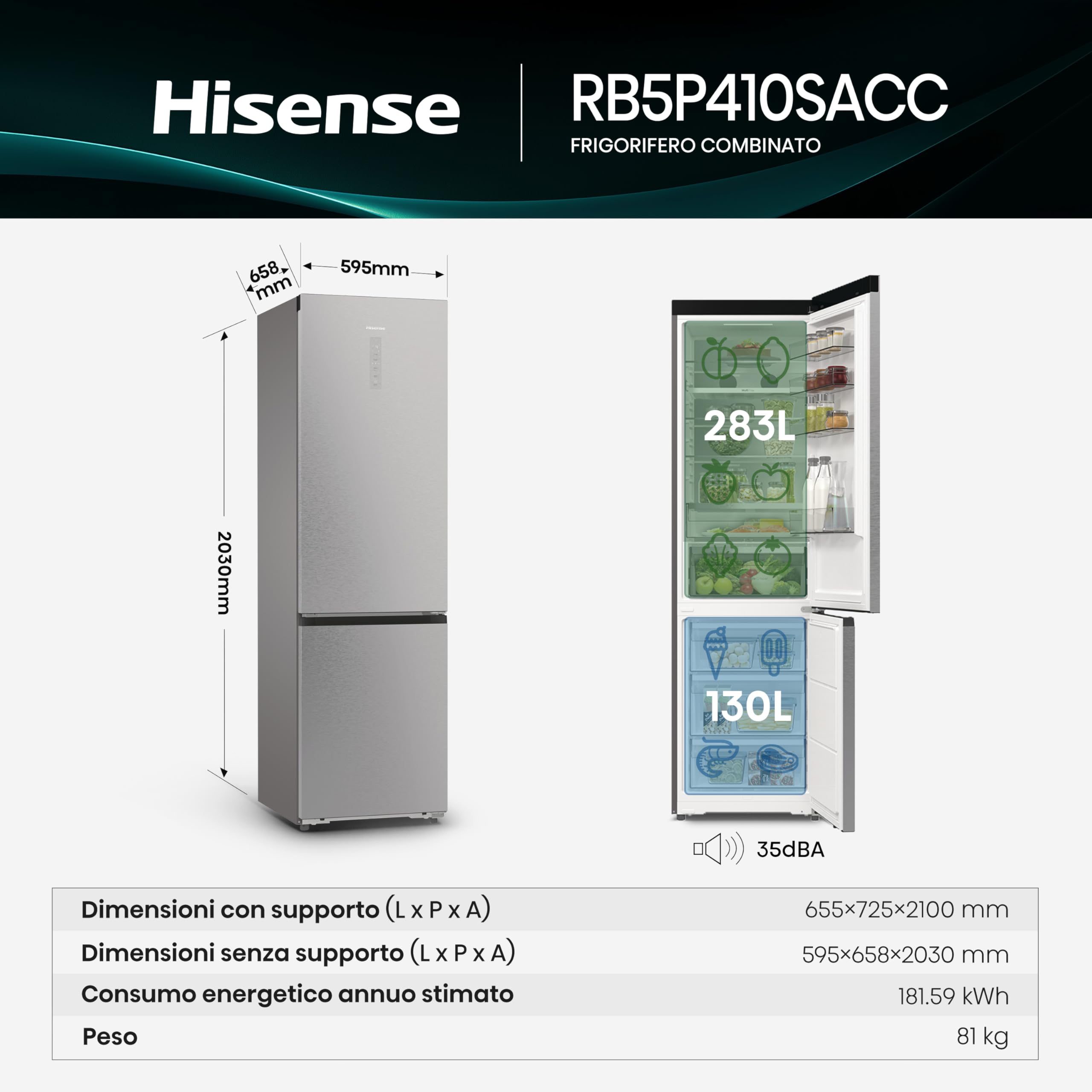 Refrigeratore No Frost Hisense RB5P410SAACC 413L Wi-Fi - Dettaglio