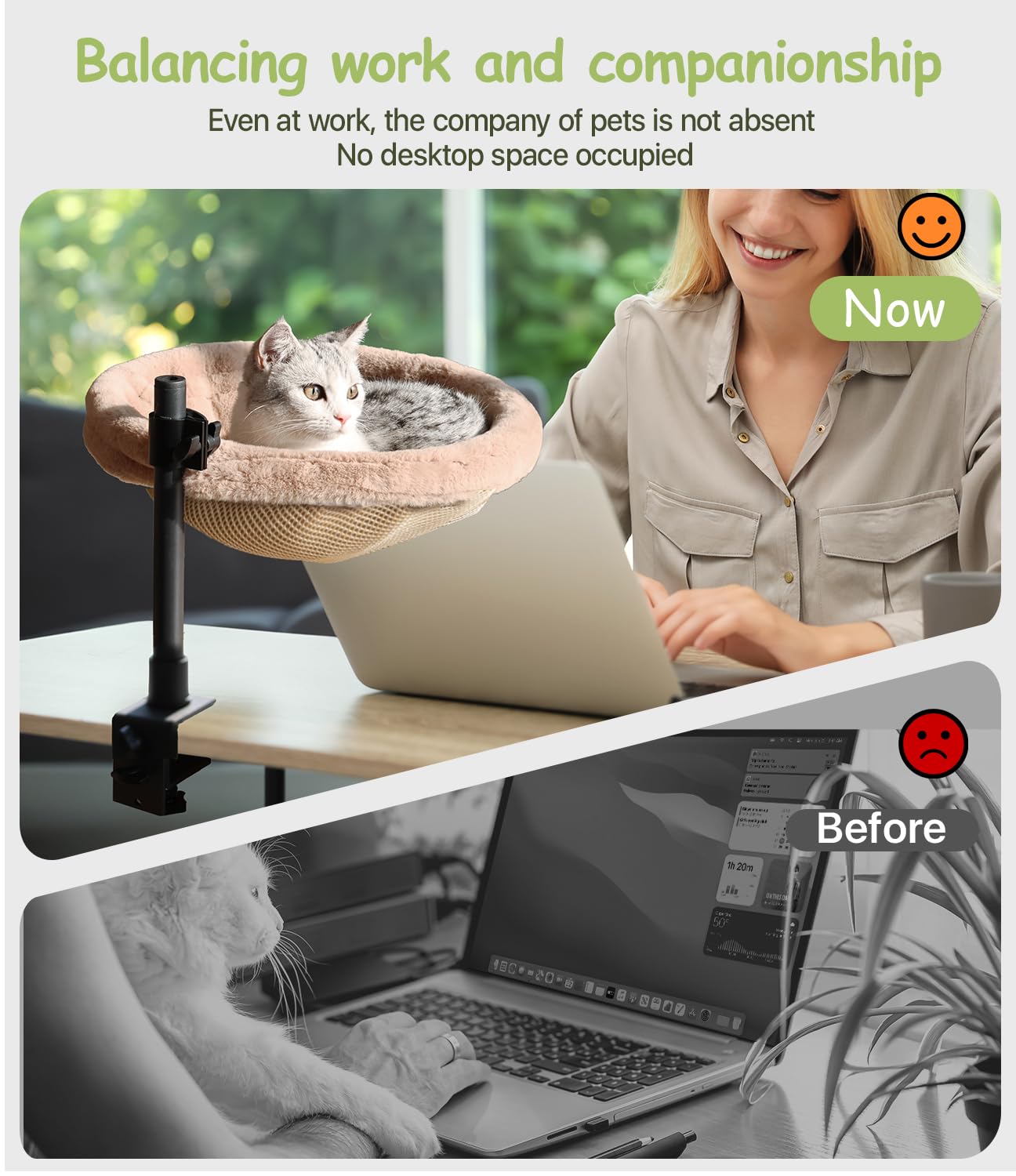 Giisorde Cat Desk Bed, Washable Pet Desk Bed, Indoor and Outdoor Cat Hammock, Maximum Weight Capacity 33 lbs,Comfortable and Soft Cat Pet Bed, 360° Swivel and Height Adjustable Cat Shelf, Grey