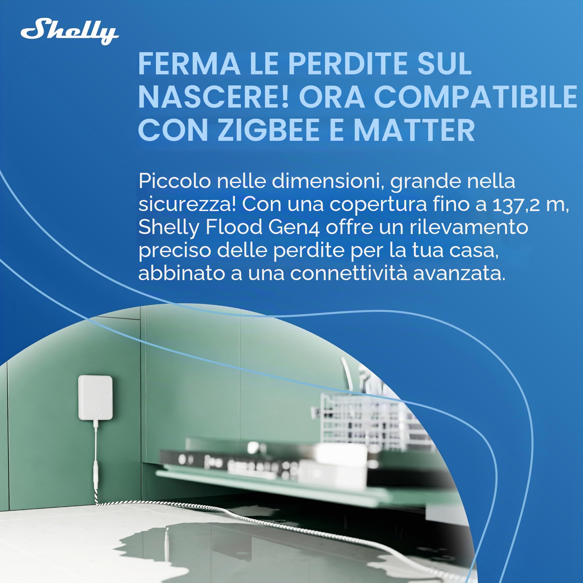 Shelly Flood Gen4 - Sensore Intelligente per Allagamenti con Cavo Sensore di Perdite, Wi-Fi & Matter, IP44, Tre Modalità di Allarme, Flood & Rilevamento Pioggia, Alexa, Google Home, HomeKit e Zigbee