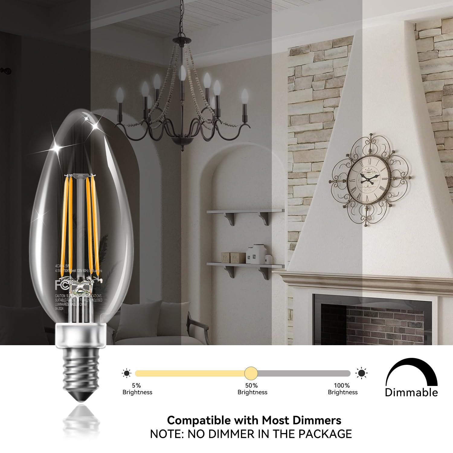 TJOY LED Candelabra Bulbs Dimmable 60W Equivalent Chandelier Light Bulb E12 Small Base 4 5W 5000K Daylight White — view 3