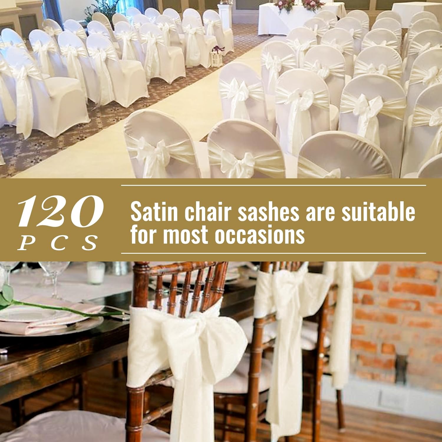 Showgeous 120 PCS Ivory Satin Chair Sashes Bows Decoration Chair Cover Chair Sash Ties for Banquet Party Baby Shower Event Decorations (Ivory, 7 x 108 inch)