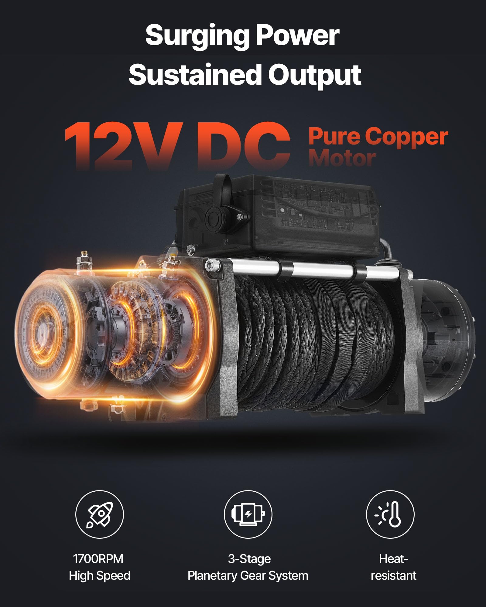 VEVOR Cabrestante Eléctrico, 6100 kg, 12 V CC, con Cable Sintético de 26 m, Control Remoto Inalámbrico y con Cable, IP55, para Remolcar SUV, Remolques y Barcos, 534 x 160 x 215 mm, Negro