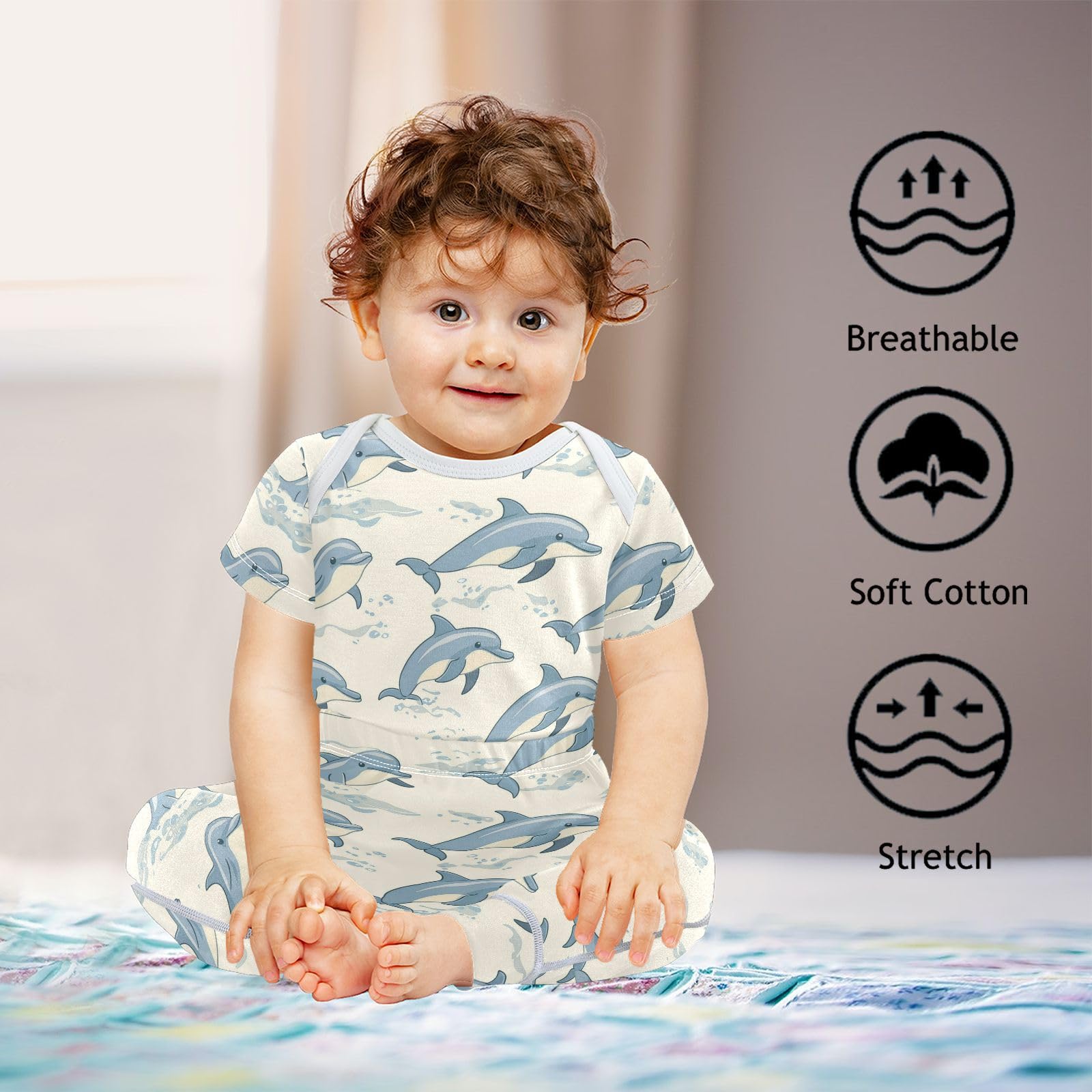 vvfelixl Cute Dolphin in Ocean Baby Layette Sets,Baby Bodysuits Set Unisex Short Sleeve Babys Pants Sets 9-12M