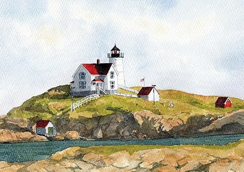 Cape Neddick Lighthouse, Sohier Park, York, Maine. The Nubble por Rob Thorpe. Impresiones artísticas de acuarela mate (4 x 7)