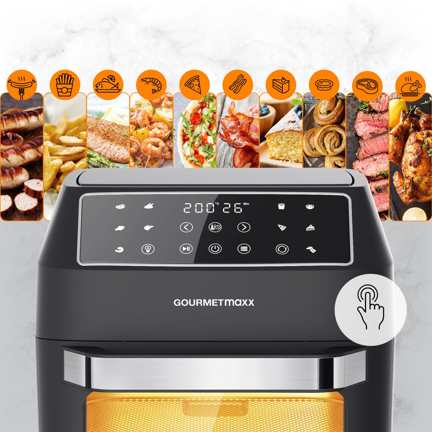 GOURMETmaxx Frytkownica na gorące powietrze XXL o dużej pojemności (12 l) i 10 programów do szybkiego i łatwego przygotowywania | wyświetlacz dotykowy i funkcja timera | w zestawie obszerny zestaw