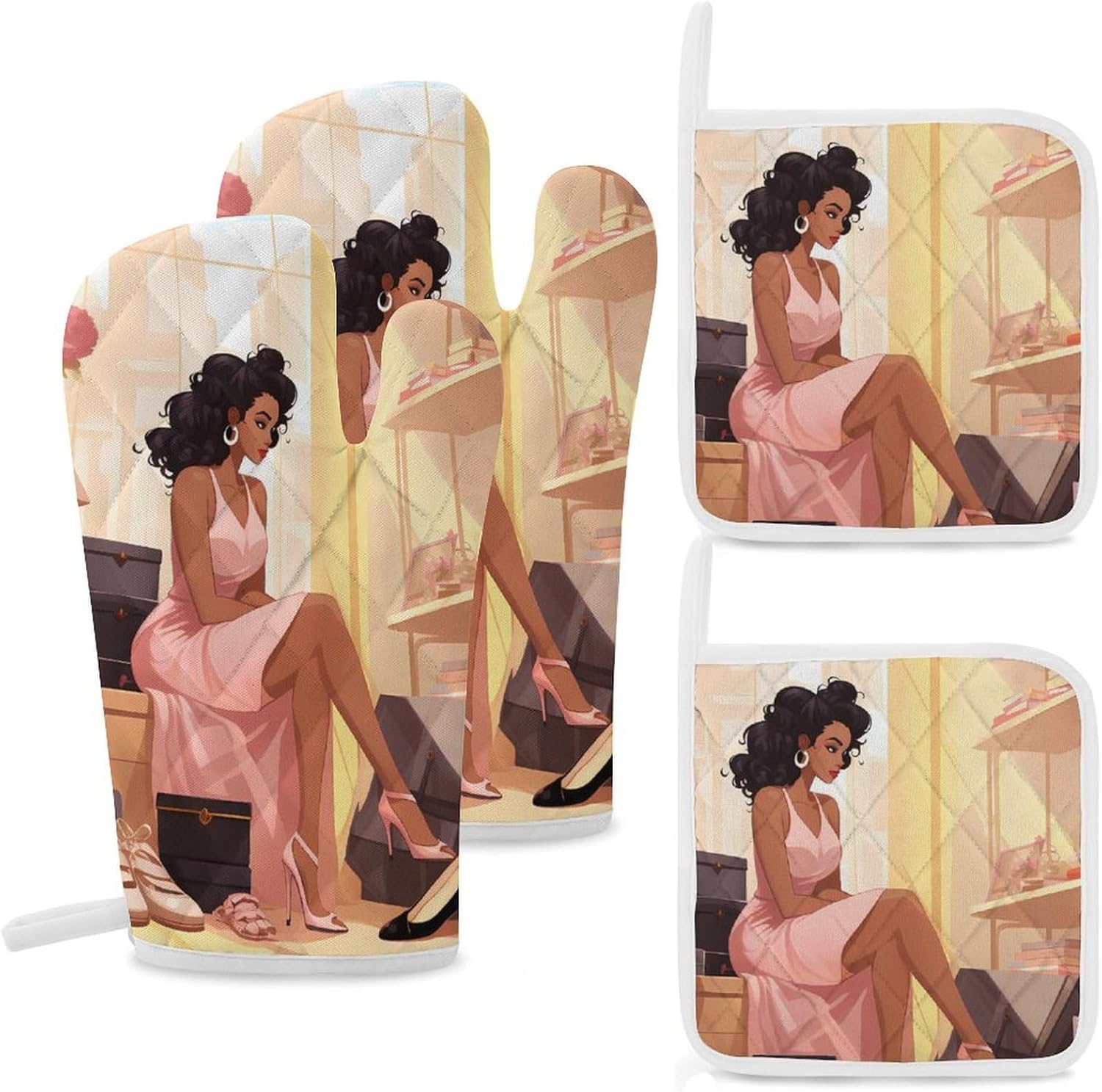 Woman with High Heel Shoes Luxury 4 Pcs Oven Mitts and Pot Holders Set High Heat Resistant Long Kitchen Oven Glove Potholders