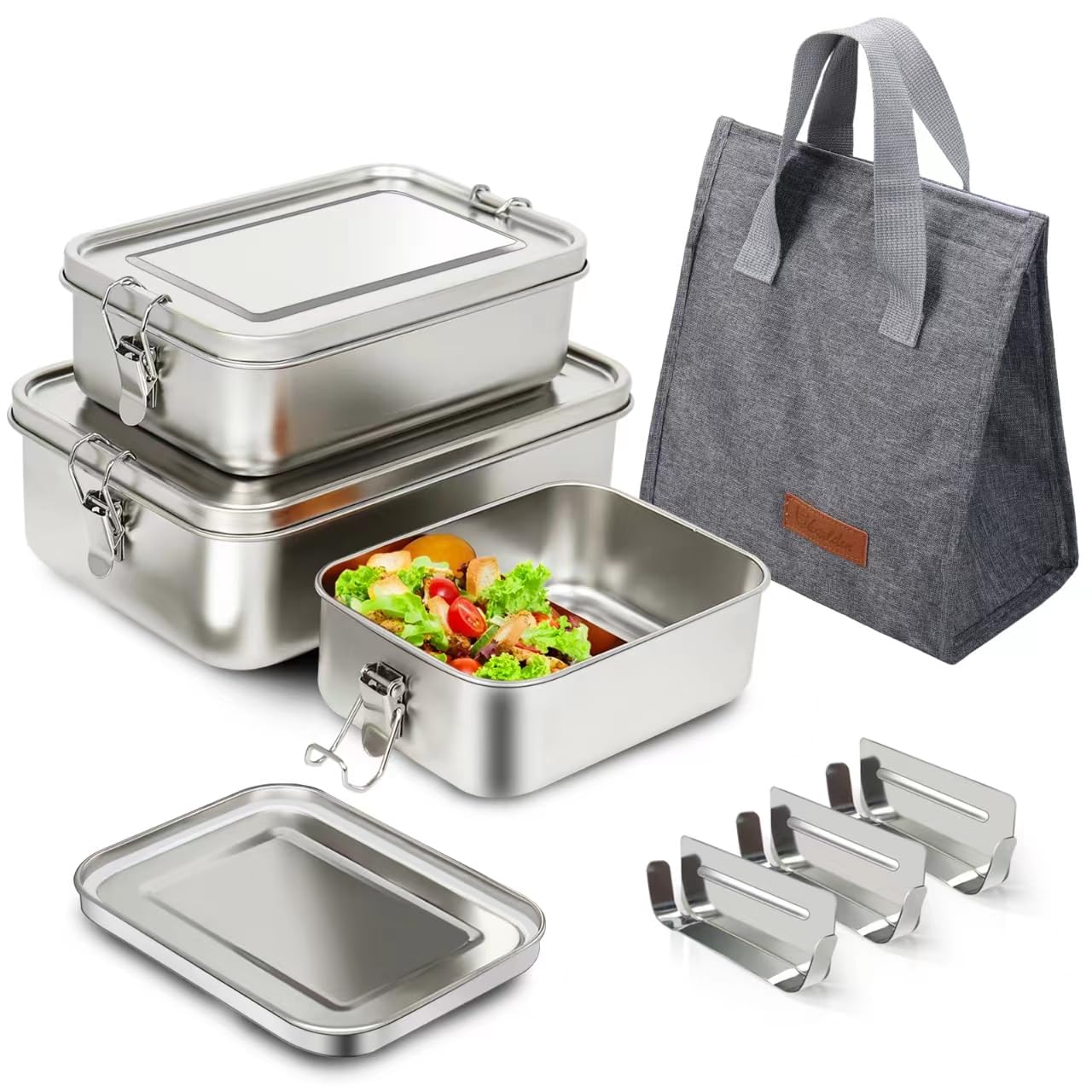 Jekasy 304 Stainless Steel Bento Box 3 Pack Stainless Steel Containers With Lids 2400/1400/850ml,Leak-Proof & Stackable Storage Food Storage Containers for Soup Salad Leftover