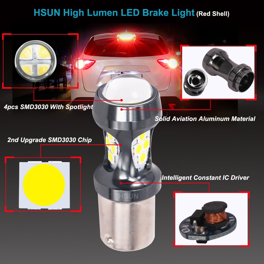 HSUN BAZ15D P21/4W S7225 S25 LED Bombillas 6000K Blanco para Luz Trasera de Freno de Coche